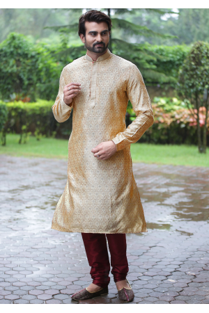 Gold with Maroon Color Silk Fabric Kurta Set